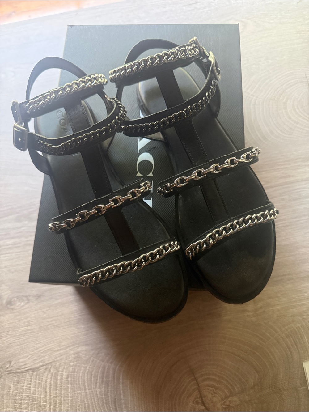 Coach Black Women's Sandals with Chain-Trim Straps